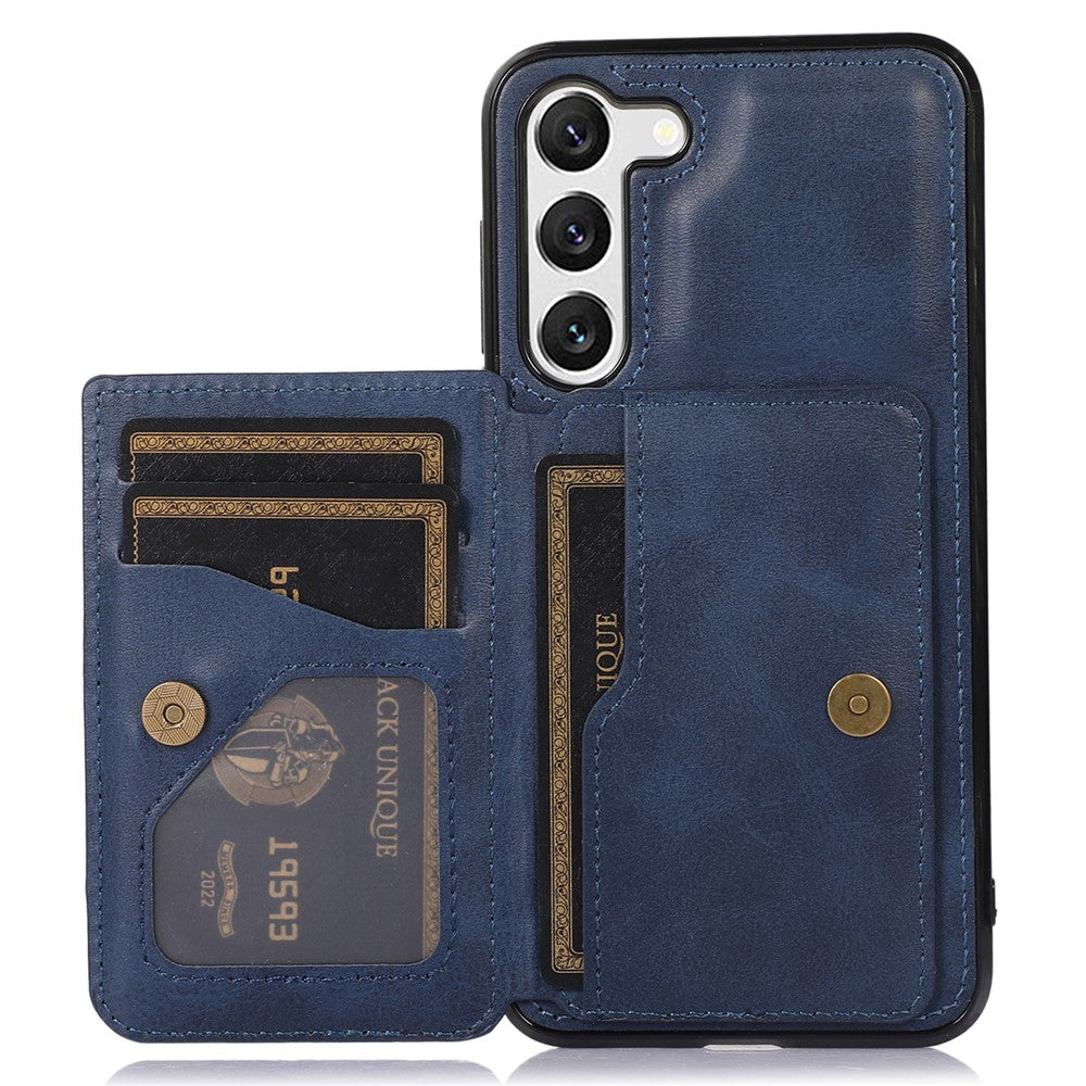 For Samsung Galaxy S23 Card Slots PU Leather Coated TPU Case Kickstand Phone Cover with Car Mount Metal Sheet