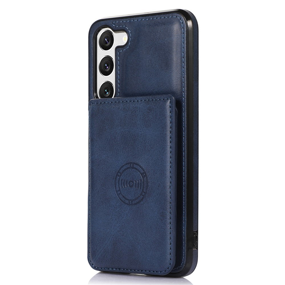 For Samsung Galaxy S23+ Card Holder Phone Case PU Leather Coated TPU Kickstand Back Cover with Car Mount Metal Sheet