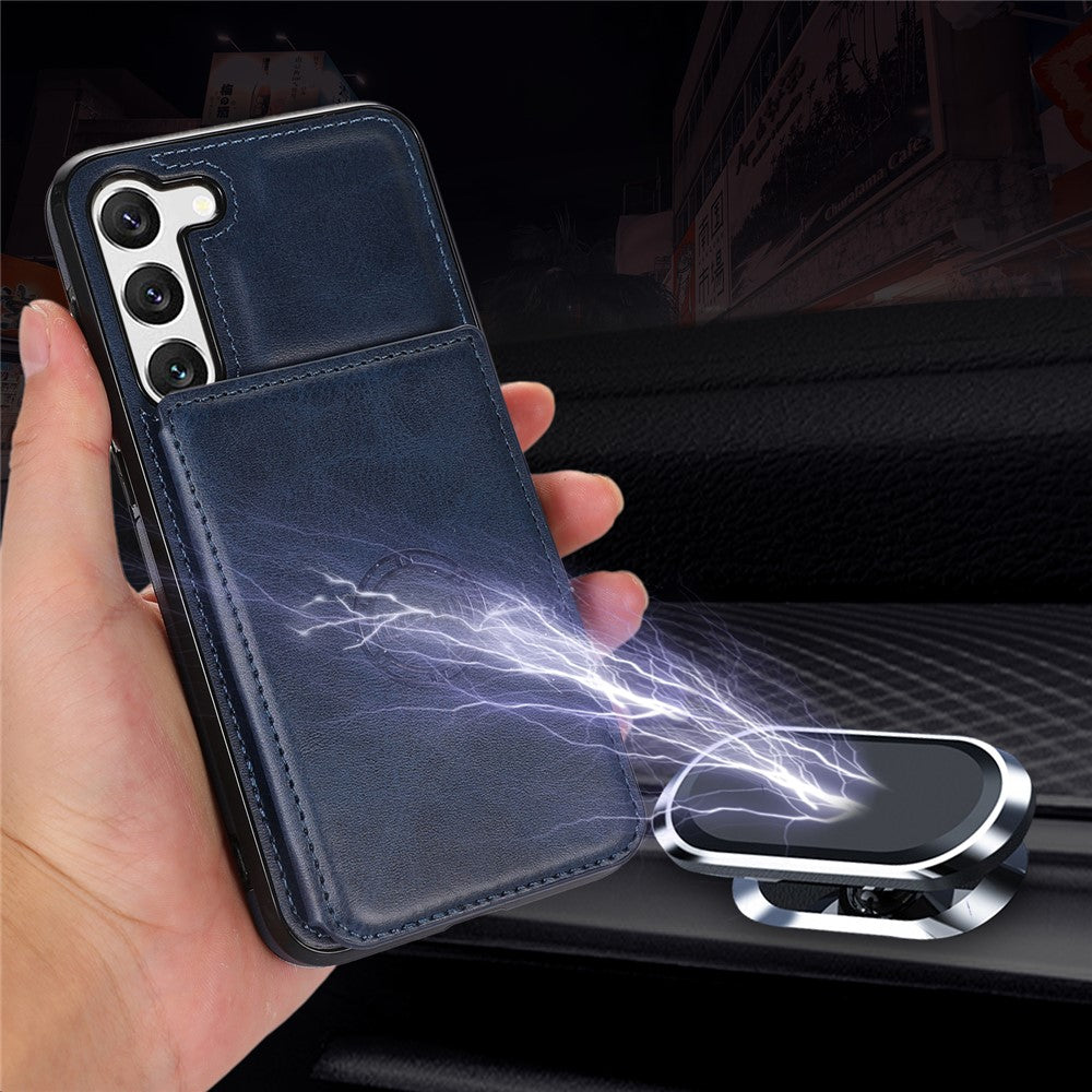 Samsung Galaxy S23+ Korthållare mobilskal PU-läderbelagt TPU Stativ Baksida med Bilfäste Metallplåt