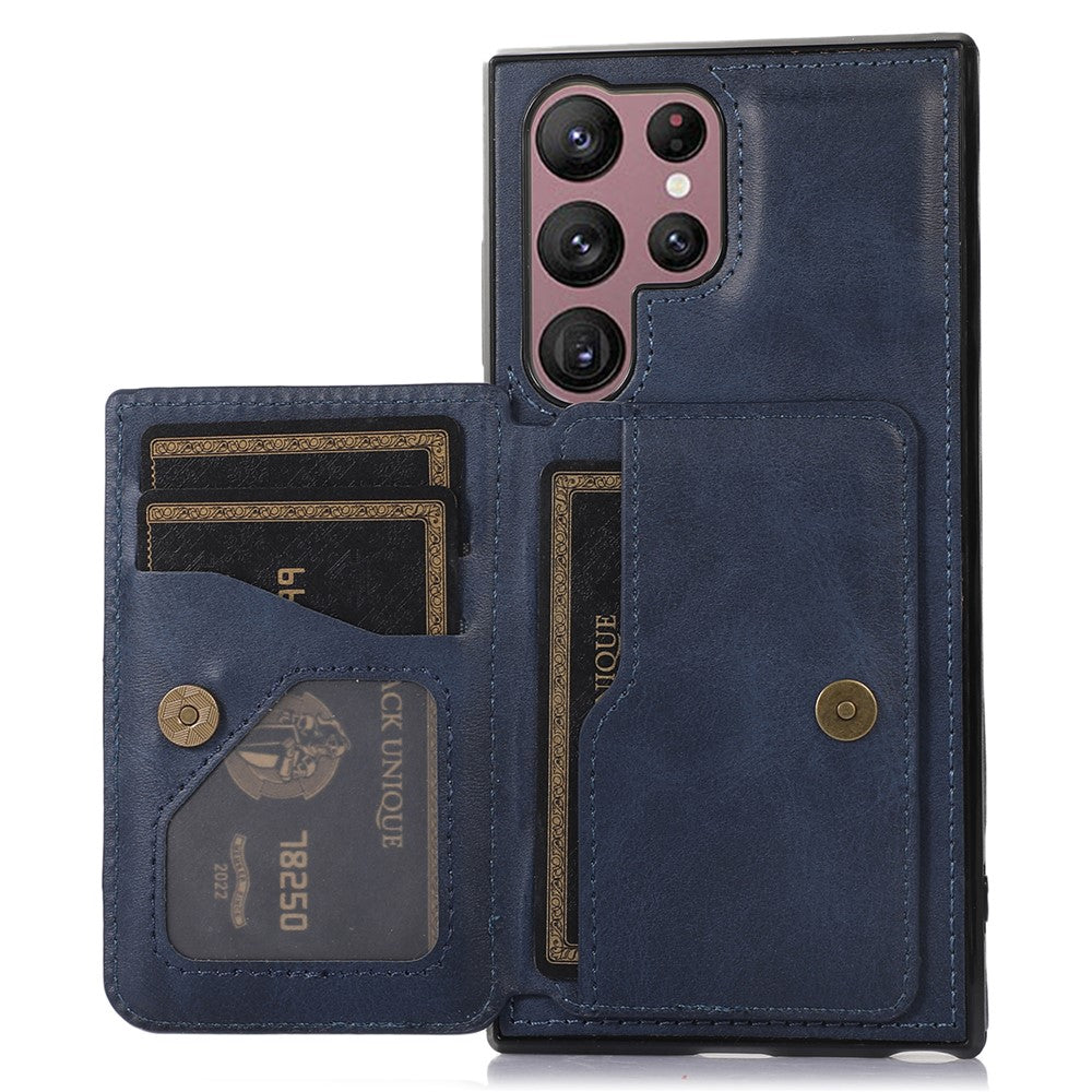 For Samsung Galaxy S23 Ultra PU Leather Coated TPU Case Card Holder Kickstand Anti-Drop Phone Cover with Car Mount Metal Sheet