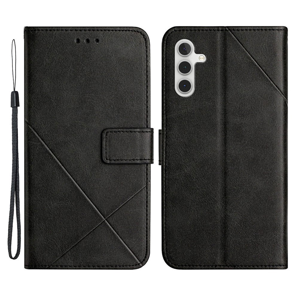 Drop-proof Telefoncover til Samsung Galaxy A34 5G, Line Imprinting Ensfarvet PU-læder Pung Stativ Beskyttelsescover med Rem