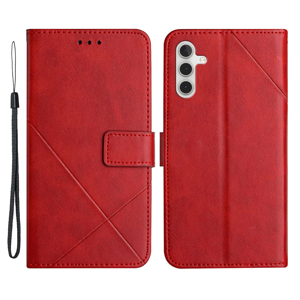 Drop-proof Telefoncover til Samsung Galaxy A34 5G, Line Imprinting Ensfarvet PU-læder Pung Stativ Beskyttelsescover med Rem