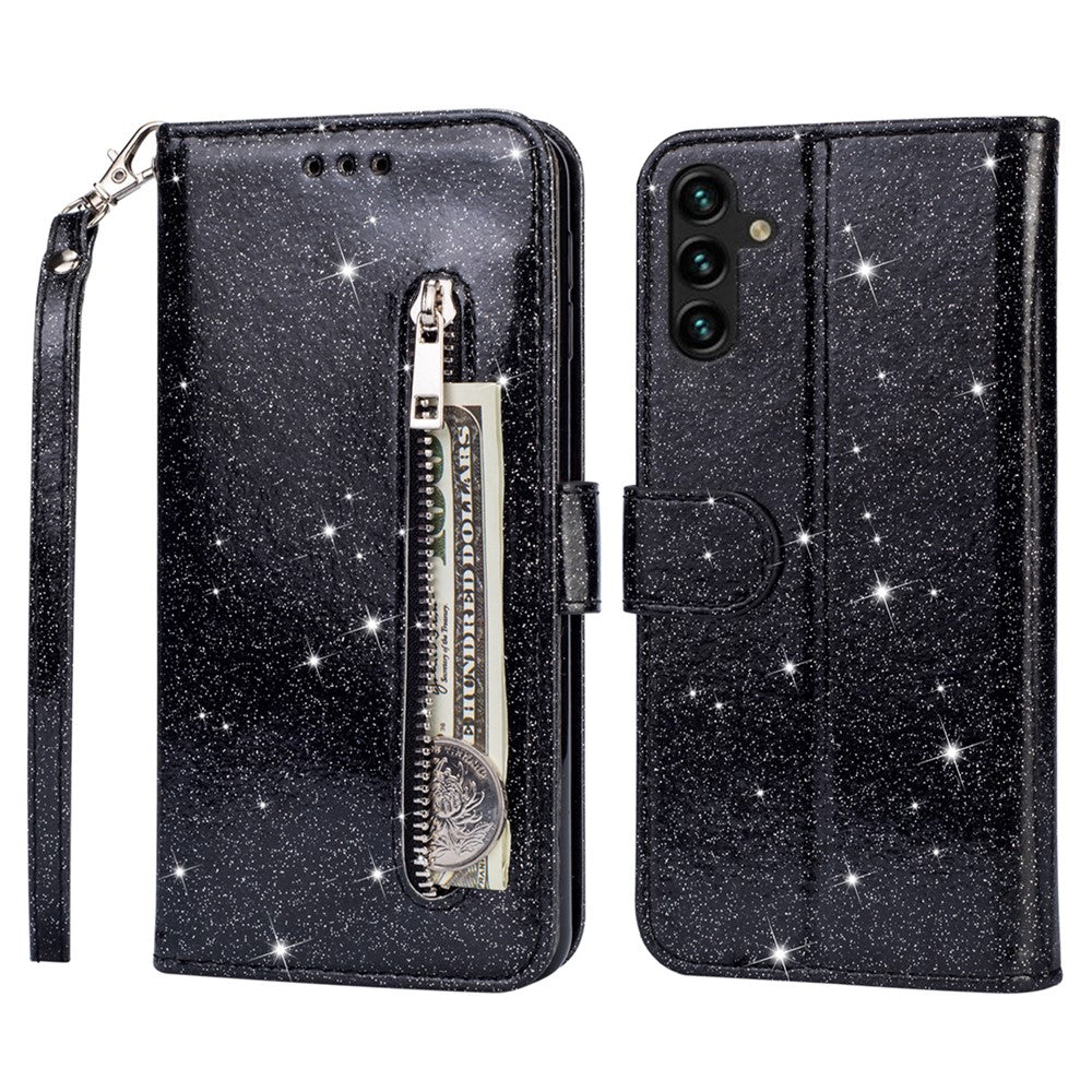 For Samsung Galaxy A34 5G Zipper Pocket Glittery Sequins Drop-proof Phone Cover Wallet Stand Anti-scratch PU Leather Flip Smartphone Case