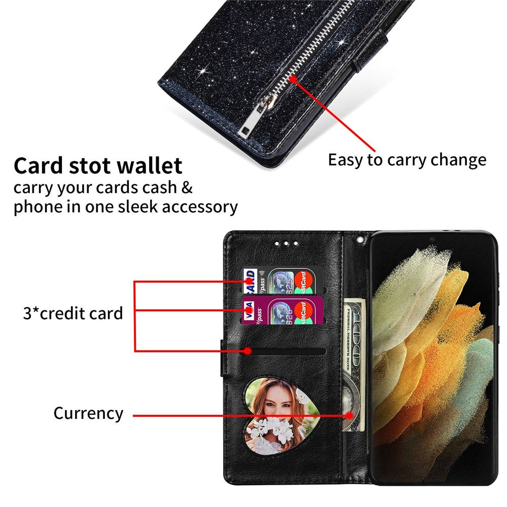 For Samsung Galaxy A34 5G Zipper Pocket Glittery Sequins Drop-proof Phone Cover Wallet Stand Anti-scratch PU Leather Flip Smartphone Case