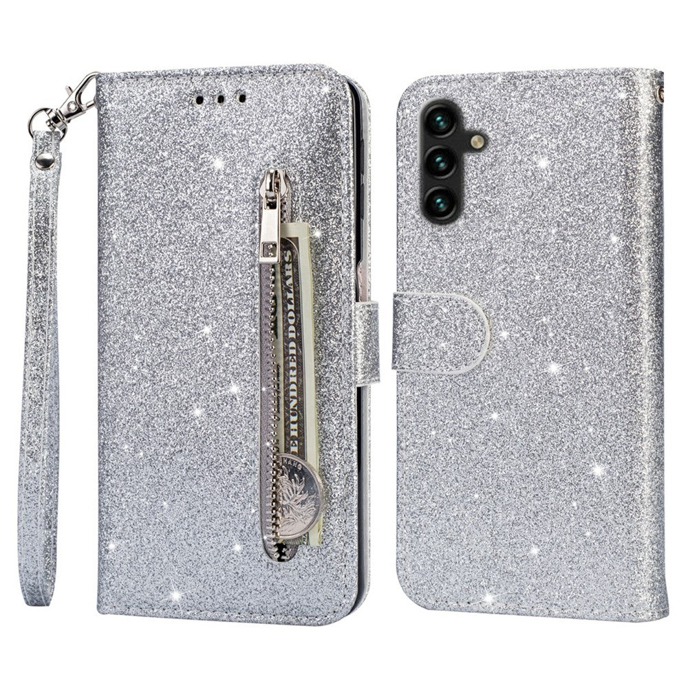For Samsung Galaxy A34 5G Zipper Pocket Glittery Sequins Drop-proof Phone Cover Wallet Stand Anti-scratch PU Leather Flip Smartphone Case