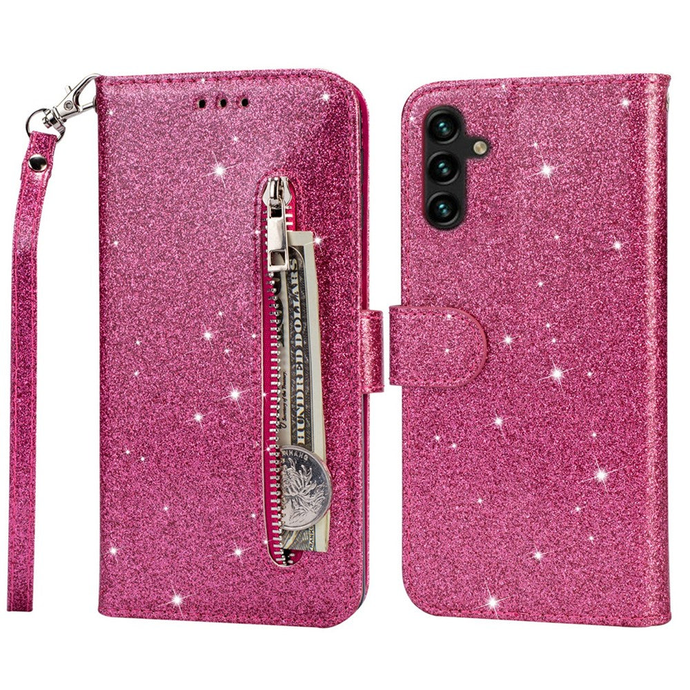 For Samsung Galaxy A34 5G Zipper Pocket Glittery Sequins Drop-proof Phone Cover Wallet Stand Anti-scratch PU Leather Flip Smartphone Case