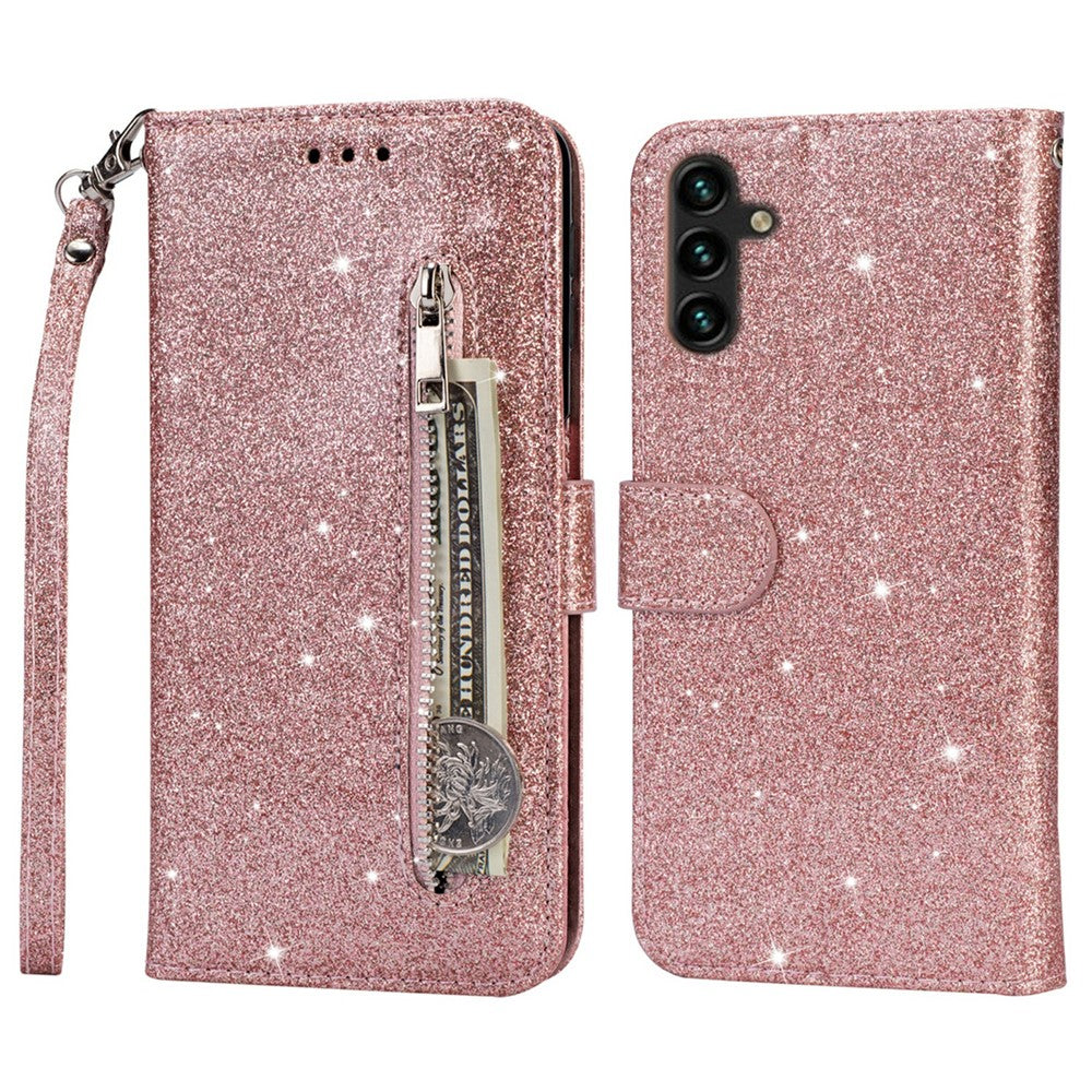 For Samsung Galaxy A34 5G Zipper Pocket Glittery Sequins Drop-proof Phone Cover Wallet Stand Anti-scratch PU Leather Flip Smartphone Case