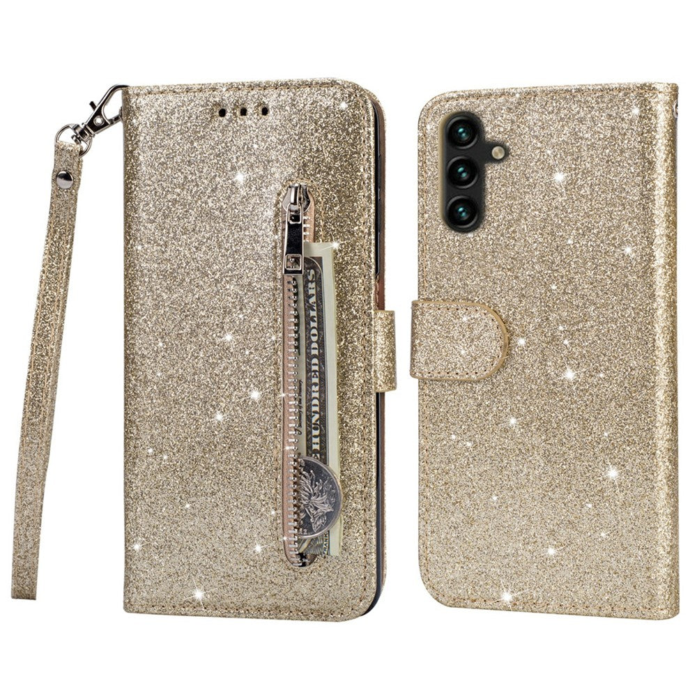 For Samsung Galaxy A34 5G Zipper Pocket Glittery Sequins Drop-proof Phone Cover Wallet Stand Anti-scratch PU Leather Flip Smartphone Case