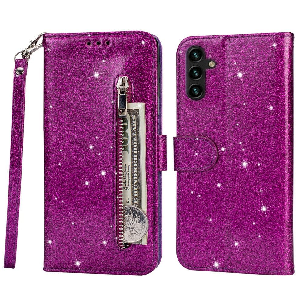 For Samsung Galaxy A34 5G Zipper Pocket Glittery Sequins Drop-proof Phone Cover Wallet Stand Anti-scratch PU Leather Flip Smartphone Case