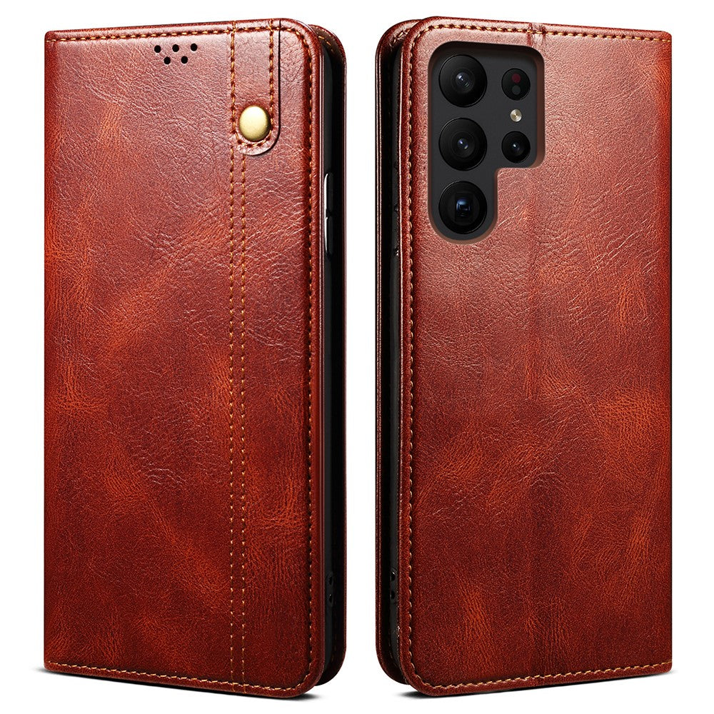 For Samsung Galaxy S23 Ultra Shockproof Waxy Crazy Horse Texture Phone Case Stand Wallet PU Leather Magnetic Auto-absorbed Folio Flip Phone Cover