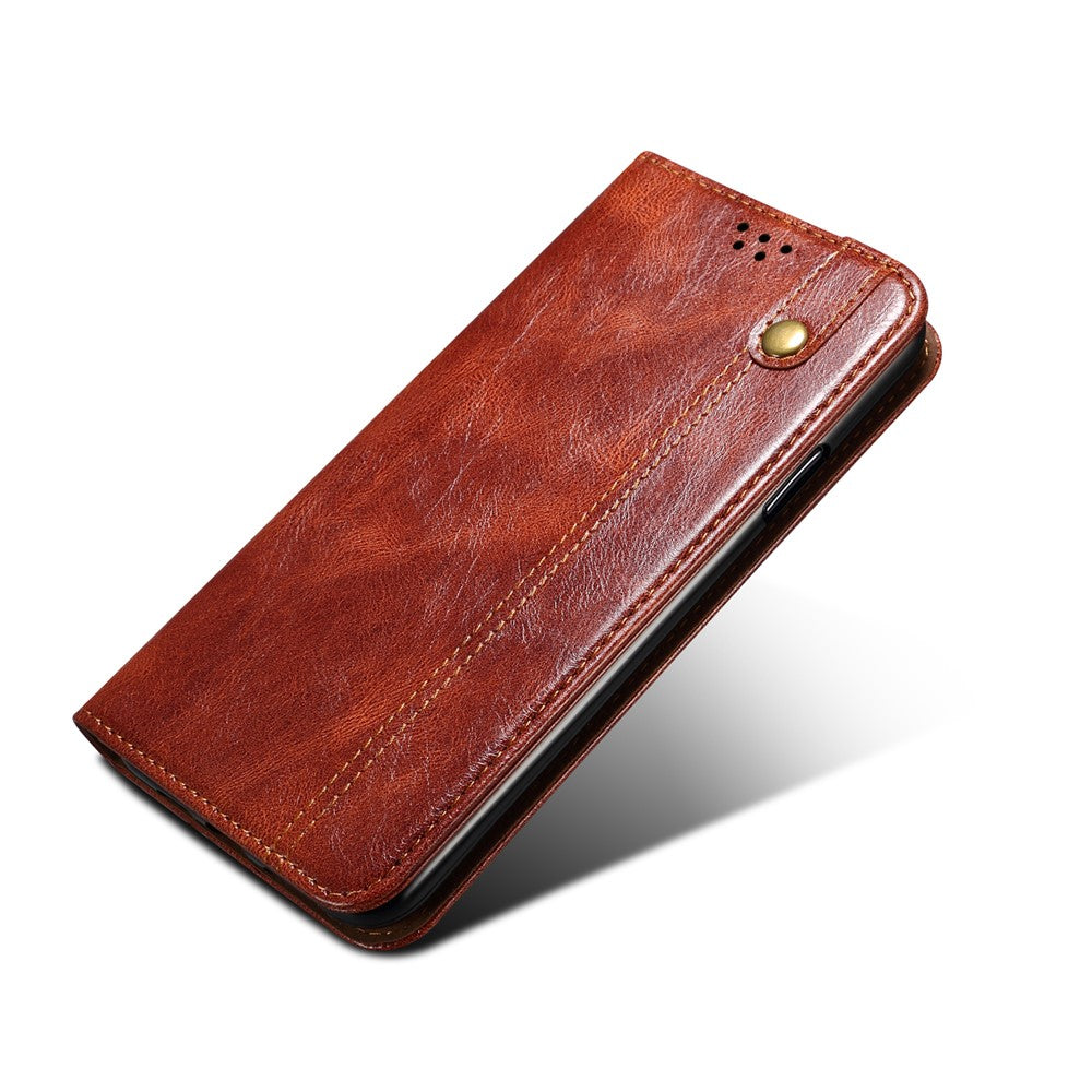 Samsung Galaxy S23 Ultra-stødsikkert mobilcover med voksagtig Crazy Horse-tekstur, stativ, pung, PU-læder, magnetisk selvklæbende folio-flipcover