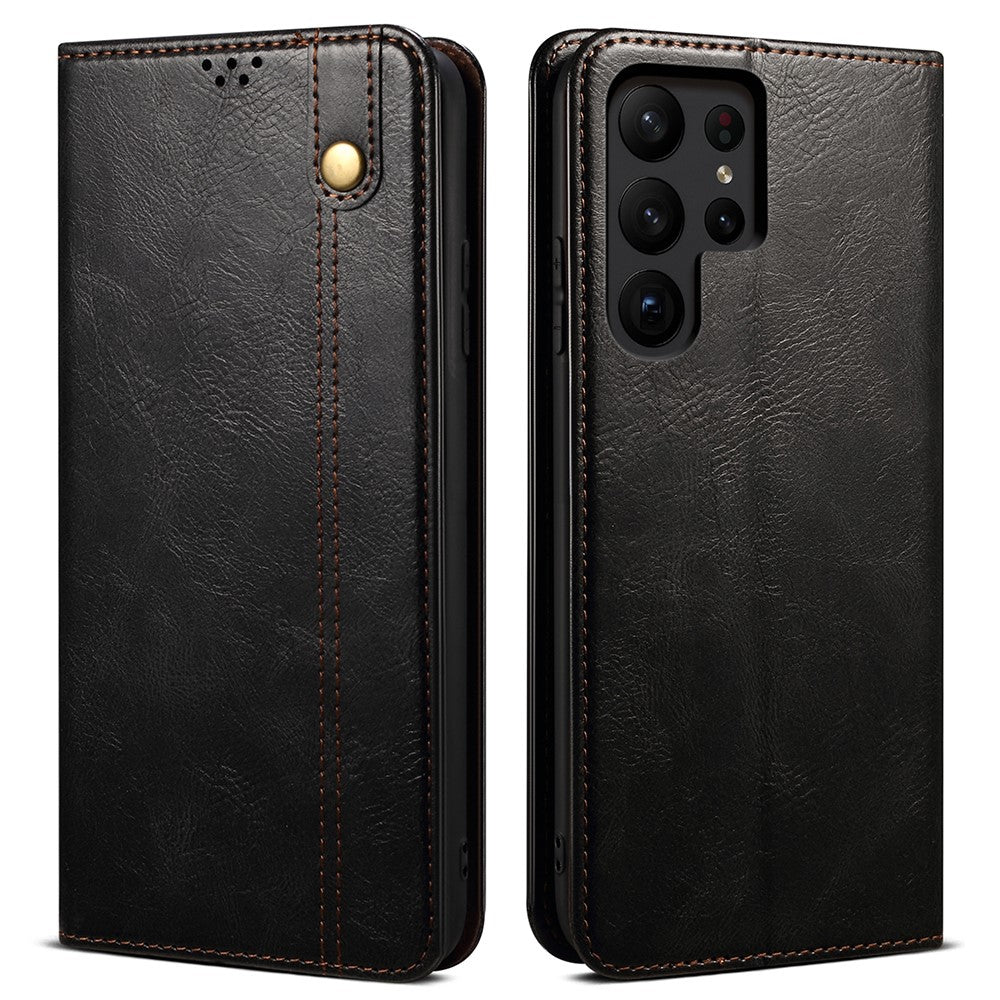 Samsung Galaxy S23 Ultra-stødsikkert mobilcover med voksagtig Crazy Horse-tekstur, stativ, pung, PU-læder, magnetisk selvklæbende folio-flipcover