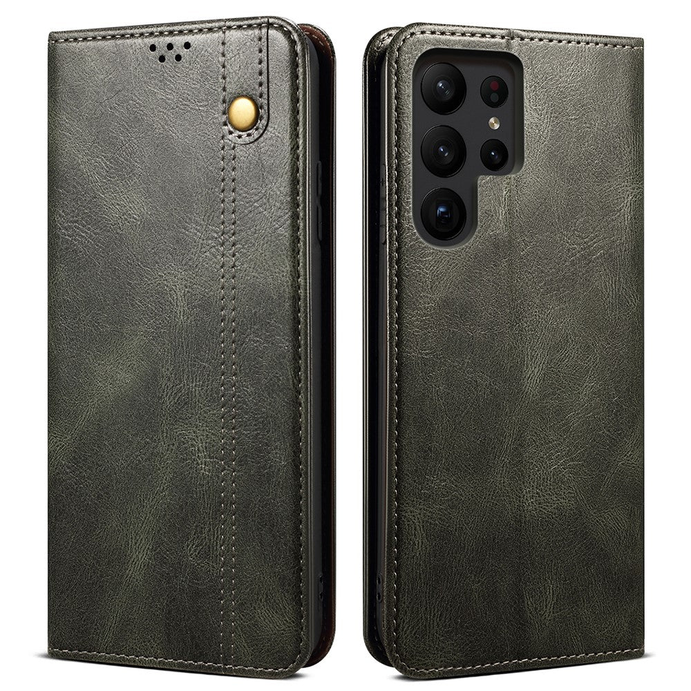 Samsung Galaxy S23 Ultra-stødsikkert mobilcover med voksagtig Crazy Horse-tekstur, stativ, pung, PU-læder, magnetisk selvklæbende folio-flipcover