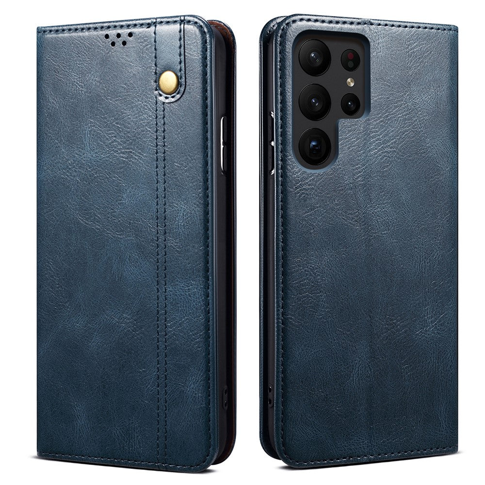 Samsung Galaxy S23 Ultra-stødsikkert mobilcover med voksagtig Crazy Horse-tekstur, stativ, pung, PU-læder, magnetisk selvklæbende folio-flipcover