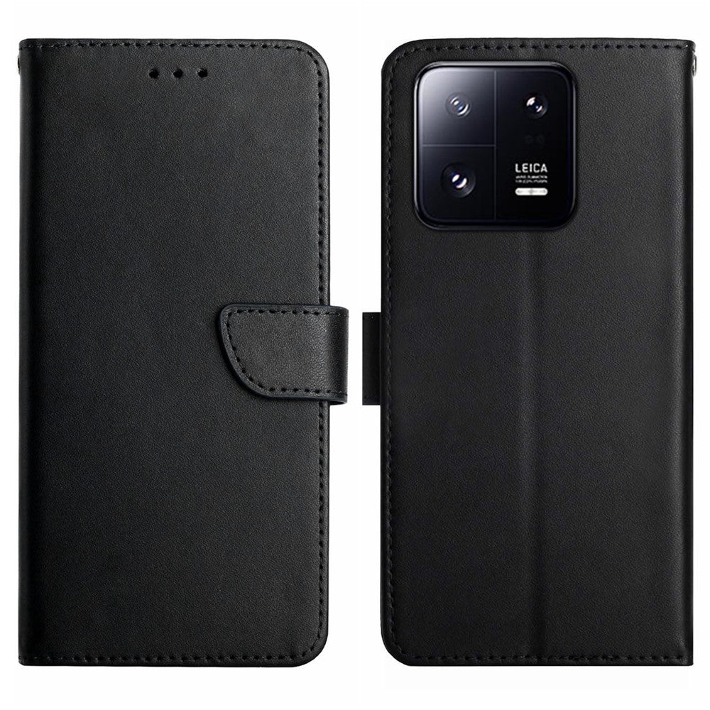 HT02 Genuine Leather Phone Case for Xiaomi 13 5G, Nappa Texture Wallet Stand Magnetic Clasp Cover