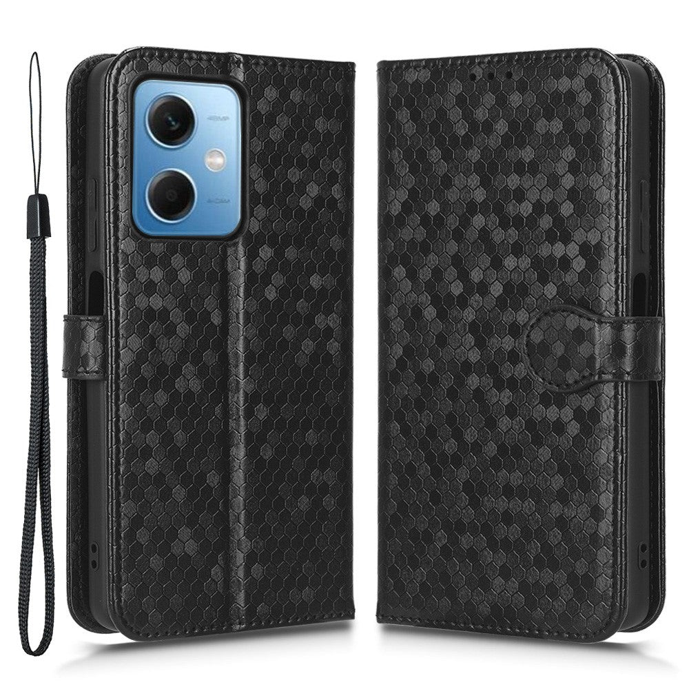 For Xiaomi Redmi Note 12 5G (Global) / (India) / (China) / Poco X5 5G Dot Pattern Imprinted PU Leather Flip Folio Phone Case Wallet Stand Drop-proof Cover with Strap