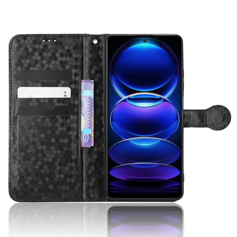 For Xiaomi Redmi Note 12 5G (Global) / (India) / (China) / Poco X5 5G Dot Pattern Imprinted PU Leather Flip Folio Phone Case Wallet Stand Drop-proof Cover with Strap