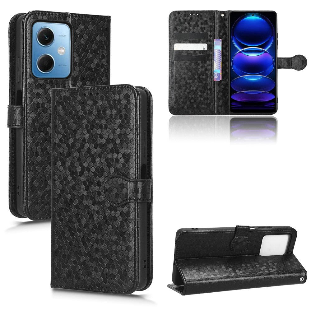 For Xiaomi Redmi Note 12 5G (Global) / (India) / (China) / Poco X5 5G Dot Pattern Imprinted PU Leather Flip Folio Phone Case Wallet Stand Drop-proof Cover with Strap