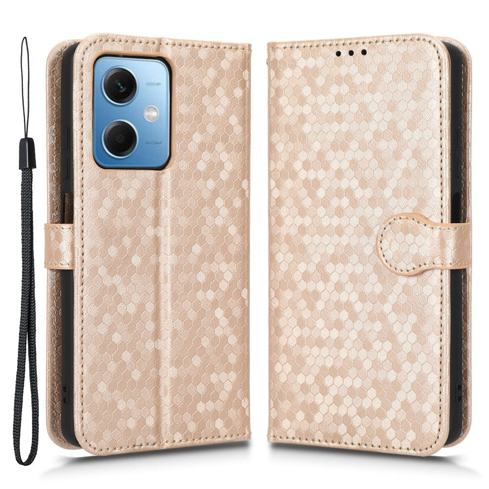 For Xiaomi Redmi Note 12 5G (Global) / (India) / (China) / Poco X5 5G Dot Pattern Imprinted PU Leather Flip Folio Phone Case Wallet Stand Drop-proof Cover with Strap