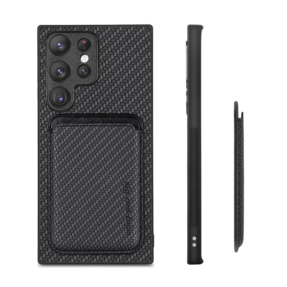 Samsung Galaxy S23 Ultra Kolfibertextur 2-i-1 Avtagbart mobilskal Korthållare PU-läder + TPU + PVC Hybridskal