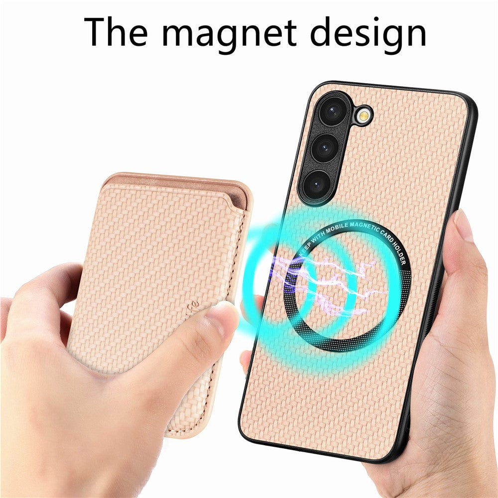 Samsung Galaxy S23, kolfiberstruktur, PU-läder + TPU + PVC-mobilskal med magnetisk, avtagbar korthållare