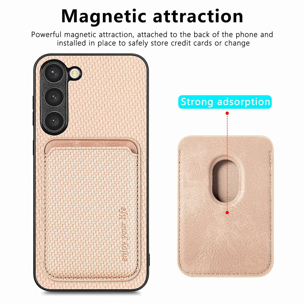 Samsung Galaxy S23, kolfiberstruktur, PU-läder + TPU + PVC-mobilskal med magnetisk, avtagbar korthållare