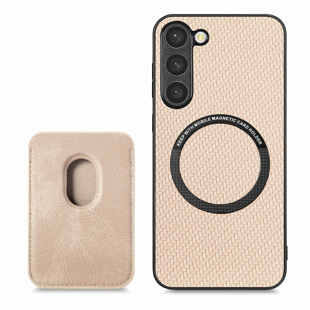 Samsung Galaxy S23, kolfiberstruktur, PU-läder + TPU + PVC-mobilskal med magnetisk, avtagbar korthållare