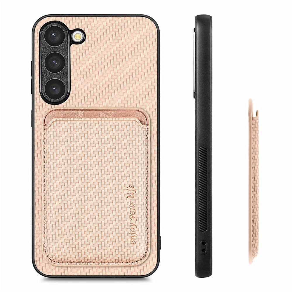 Samsung Galaxy S23, kolfiberstruktur, PU-läder + TPU + PVC-mobilskal med magnetisk, avtagbar korthållare