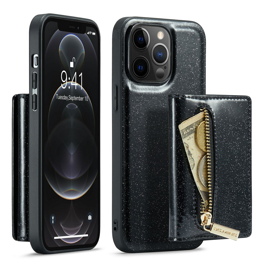 DG.MING M3-serien til iPhone 12 Pro Max 6,7 tommer, 2-i-1 stødsikkert bagcover i glitrende PU-læderbelagt PC+TPU med stativ, magnetisk, aftagelig, med lynlås og tegnebogsfunktion