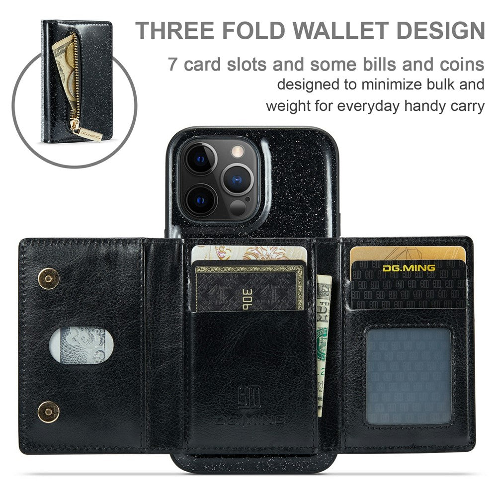 DG.MING M3-serien til iPhone 12 Pro Max 6,7 tommer, 2-i-1 stødsikkert bagcover i glitrende PU-læderbelagt PC+TPU med stativ, magnetisk, aftagelig, med lynlås og tegnebogsfunktion