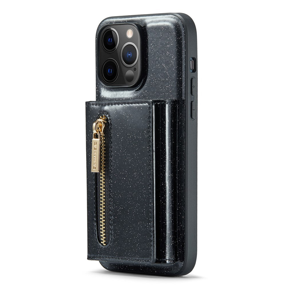 DG.MING M3-serien til iPhone 12 Pro Max 6,7 tommer, 2-i-1 stødsikkert bagcover i glitrende PU-læderbelagt PC+TPU med stativ, magnetisk, aftagelig, med lynlås og tegnebogsfunktion
