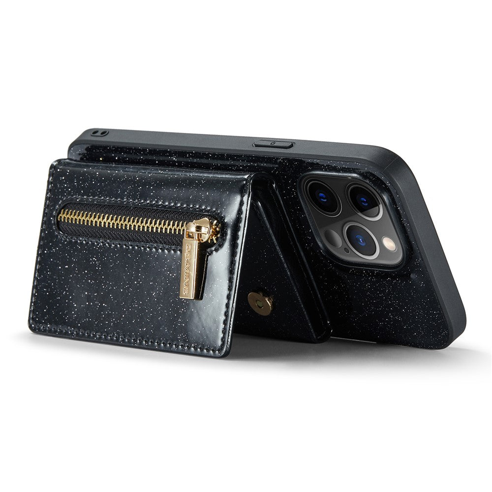 DG.MING M3-serien til iPhone 12 Pro Max 6,7 tommer, 2-i-1 stødsikkert bagcover i glitrende PU-læderbelagt PC+TPU med stativ, magnetisk, aftagelig, med lynlås og tegnebogsfunktion