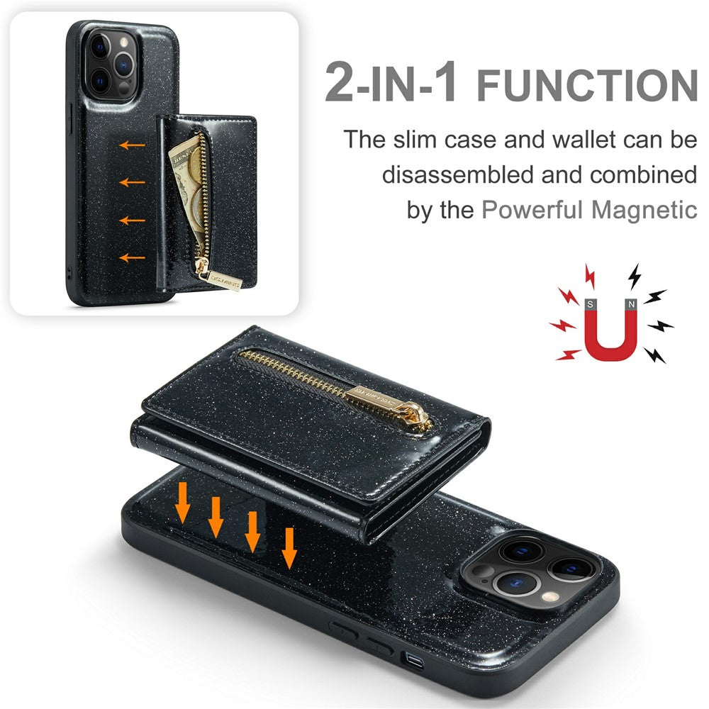 DG.MING M3-serien til iPhone 12 Pro Max 6,7 tommer, 2-i-1 stødsikkert bagcover i glitrende PU-læderbelagt PC+TPU med stativ, magnetisk, aftagelig, med lynlås og tegnebogsfunktion
