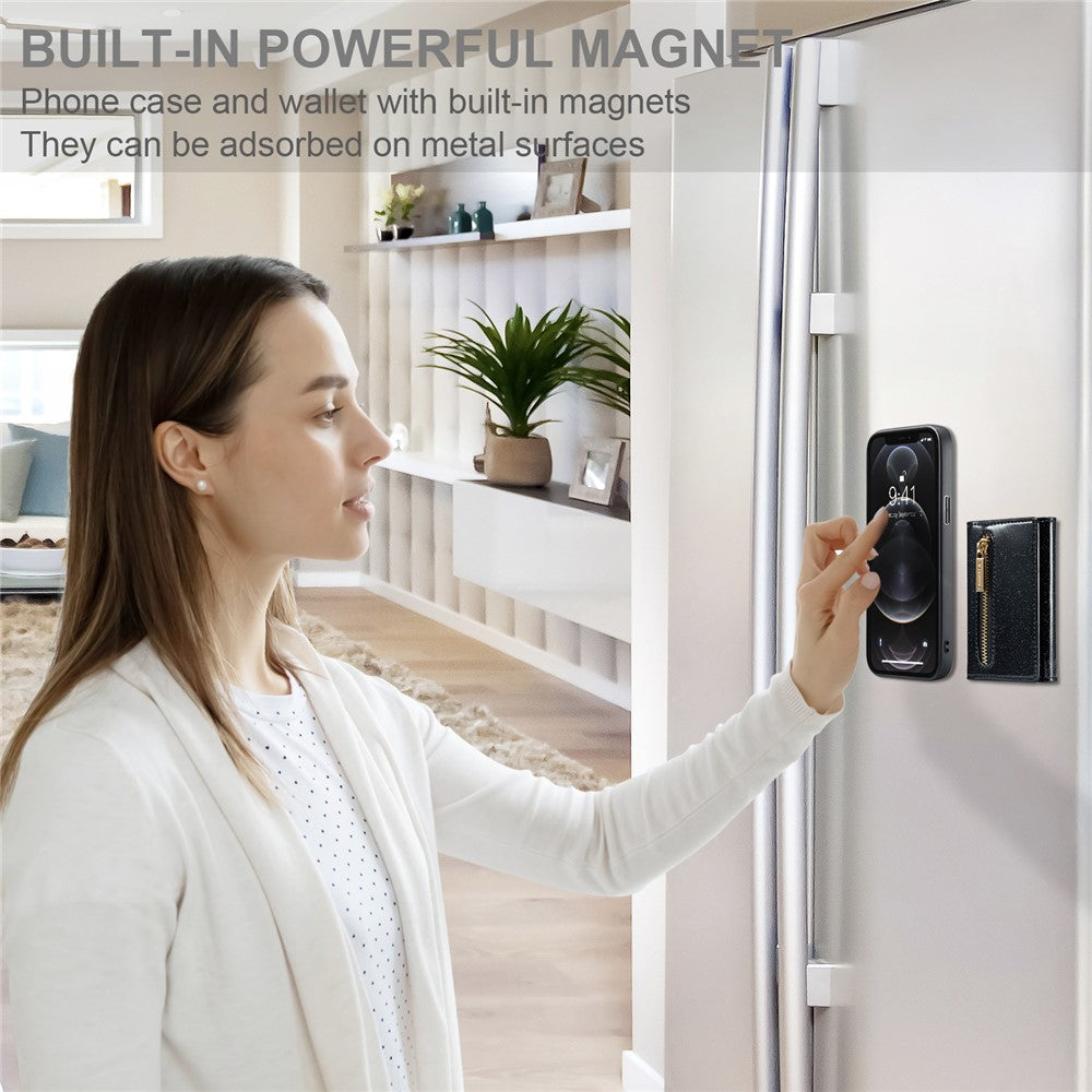 DG.MING M3-serien til iPhone 12 Pro Max 6,7 tommer, 2-i-1 stødsikkert bagcover i glitrende PU-læderbelagt PC+TPU med stativ, magnetisk, aftagelig, med lynlås og tegnebogsfunktion