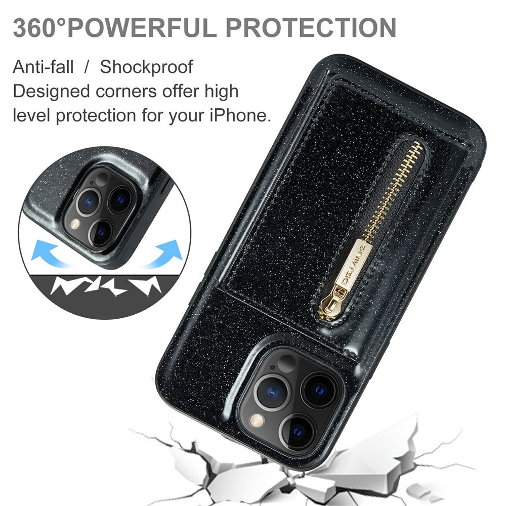 DG.MING M3-serien til iPhone 12 Pro Max 6,7 tommer, 2-i-1 stødsikkert bagcover i glitrende PU-læderbelagt PC+TPU med stativ, magnetisk, aftagelig, med lynlås og tegnebogsfunktion