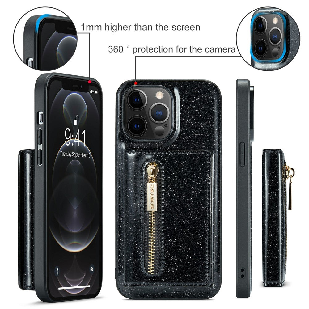 DG.MING M3-serien til iPhone 12 Pro Max 6,7 tommer, 2-i-1 stødsikkert bagcover i glitrende PU-læderbelagt PC+TPU med stativ, magnetisk, aftagelig, med lynlås og tegnebogsfunktion