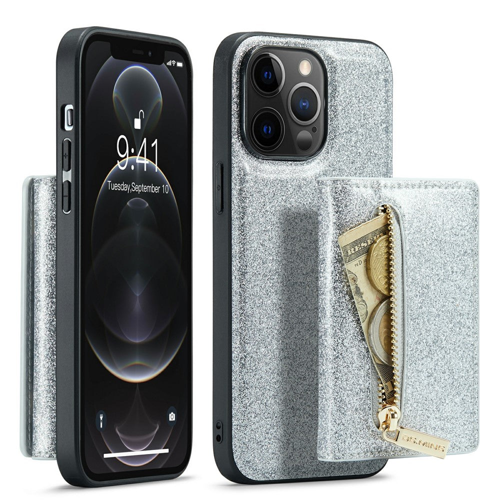 DG.MING M3-serien til iPhone 12 Pro Max 6,7 tommer, 2-i-1 stødsikkert bagcover i glitrende PU-læderbelagt PC+TPU med stativ, magnetisk, aftagelig, med lynlås og tegnebogsfunktion