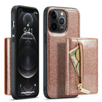 DG.MING M3-serien til iPhone 12 Pro Max 6,7 tommer, 2-i-1 stødsikkert bagcover i glitrende PU-læderbelagt PC+TPU med stativ, magnetisk, aftagelig, med lynlås og tegnebogsfunktion