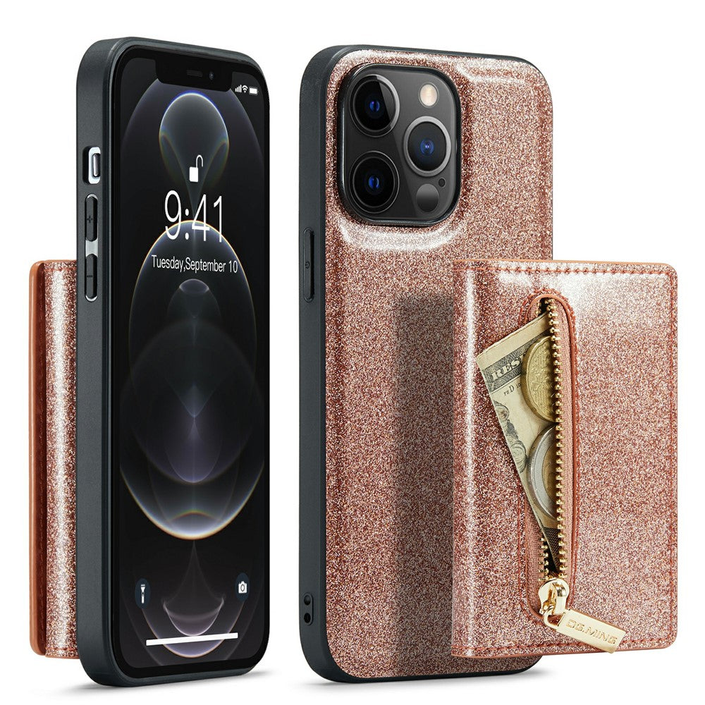 DG.MING M3-serien til iPhone 12 Pro Max 6,7 tommer, 2-i-1 stødsikkert bagcover i glitrende PU-læderbelagt PC+TPU med stativ, magnetisk, aftagelig, med lynlås og tegnebogsfunktion