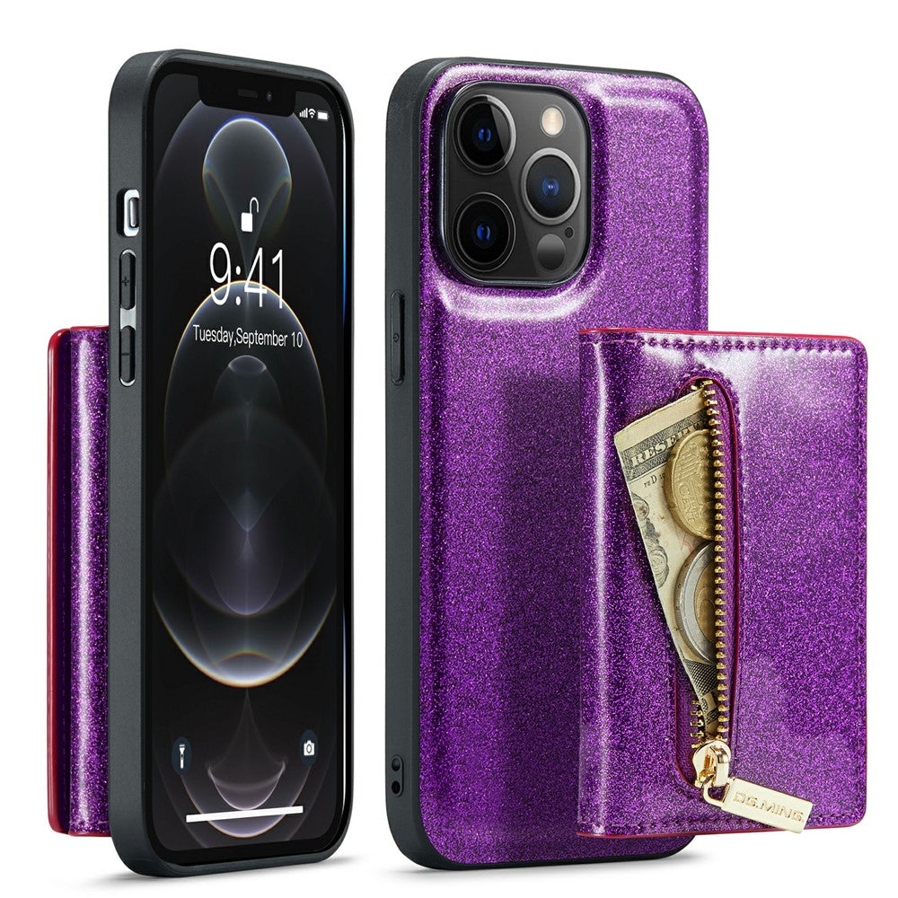 DG.MING M3-serien til iPhone 12 Pro Max 6,7 tommer, 2-i-1 stødsikkert bagcover i glitrende PU-læderbelagt PC+TPU med stativ, magnetisk, aftagelig, med lynlås og tegnebogsfunktion