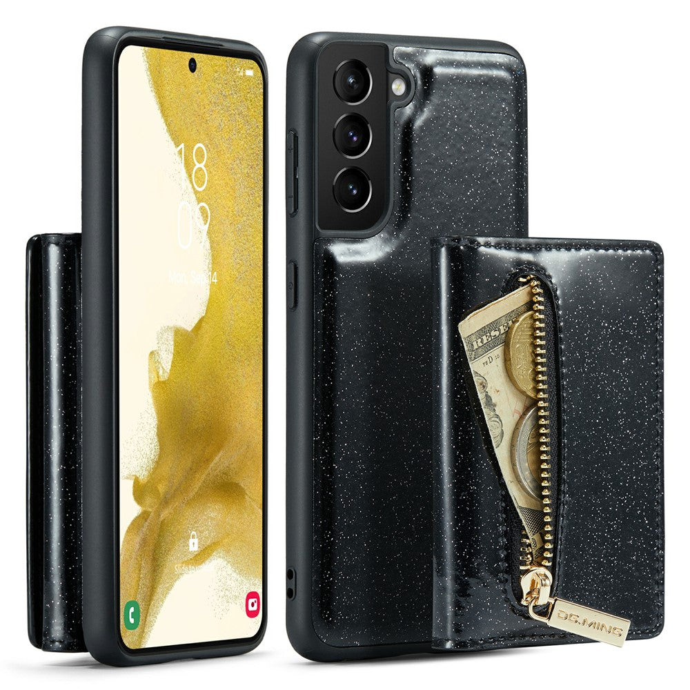 DG.MING M3 Series For Samsung Galaxy S22+ 5G Glitter Bling Powder PU Leather Magnetic Detachable Cover PC+TPU Kickstand Zipper Pocket Wallet Phone Case