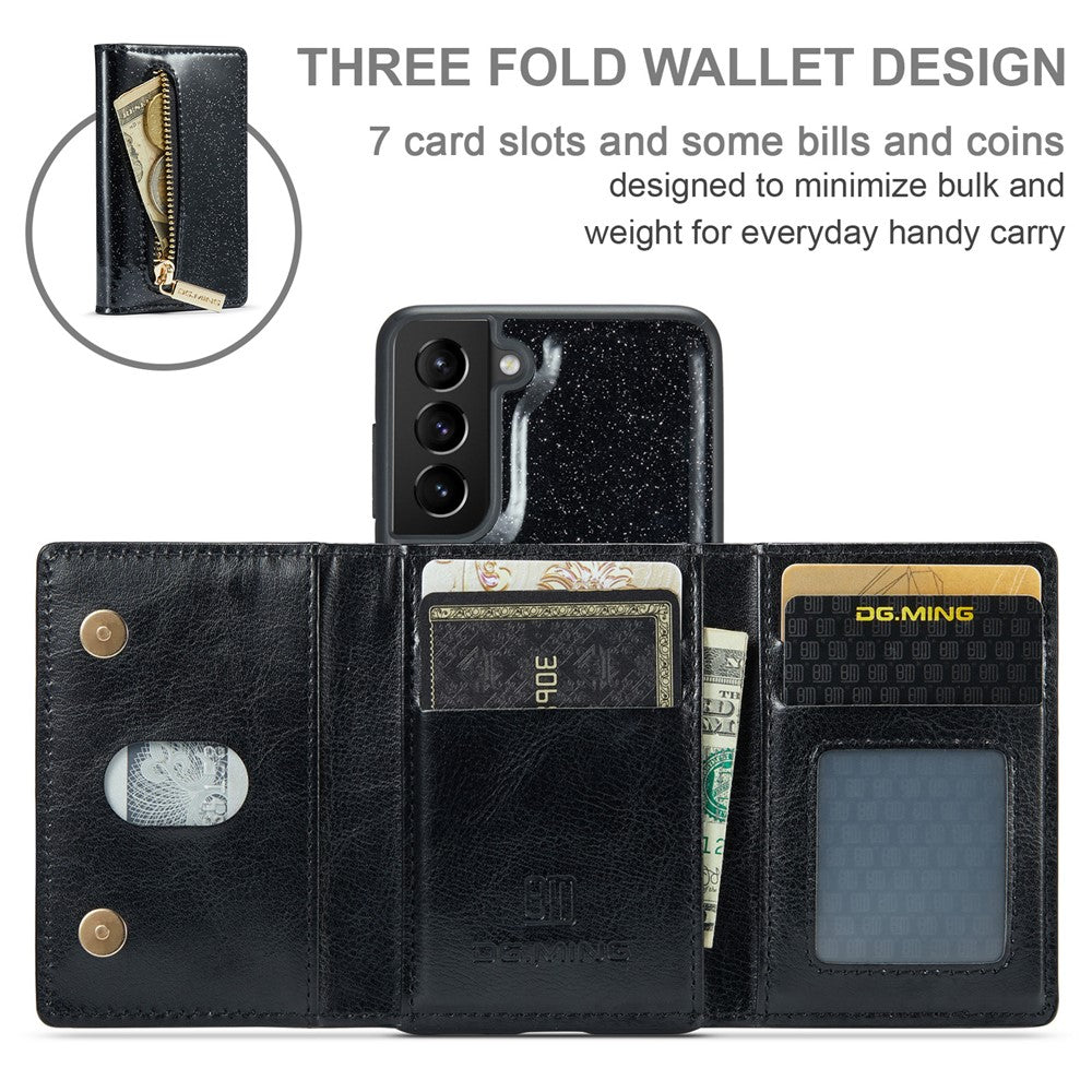 DG.MING M3-serien för Samsung Galaxy S22+ 5G glitterbling puderfärgad PU-läder magnetiskt avtagbart skal PC+TPU stativ dragkedja plånboksfodral