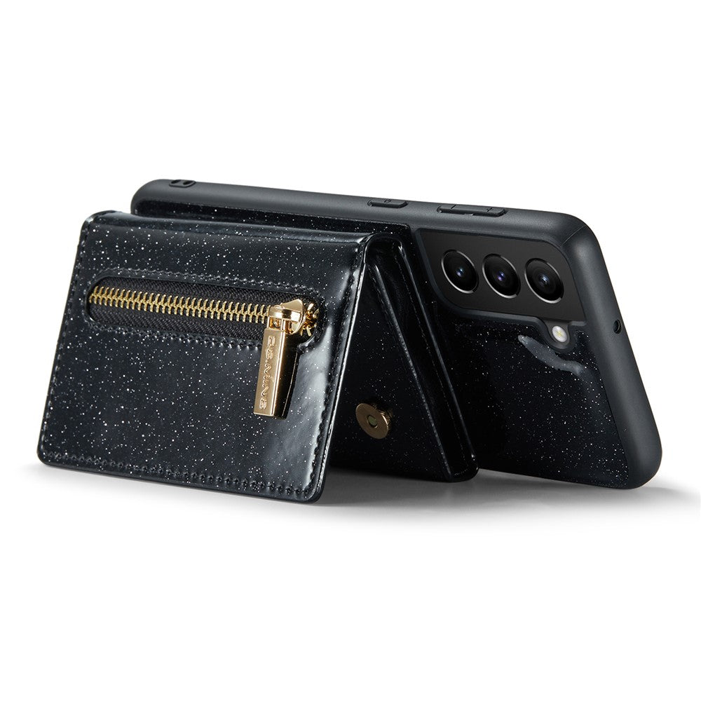 DG.MING M3-serien för Samsung Galaxy S22+ 5G glitterbling puderfärgad PU-läder magnetiskt avtagbart skal PC+TPU stativ dragkedja plånboksfodral
