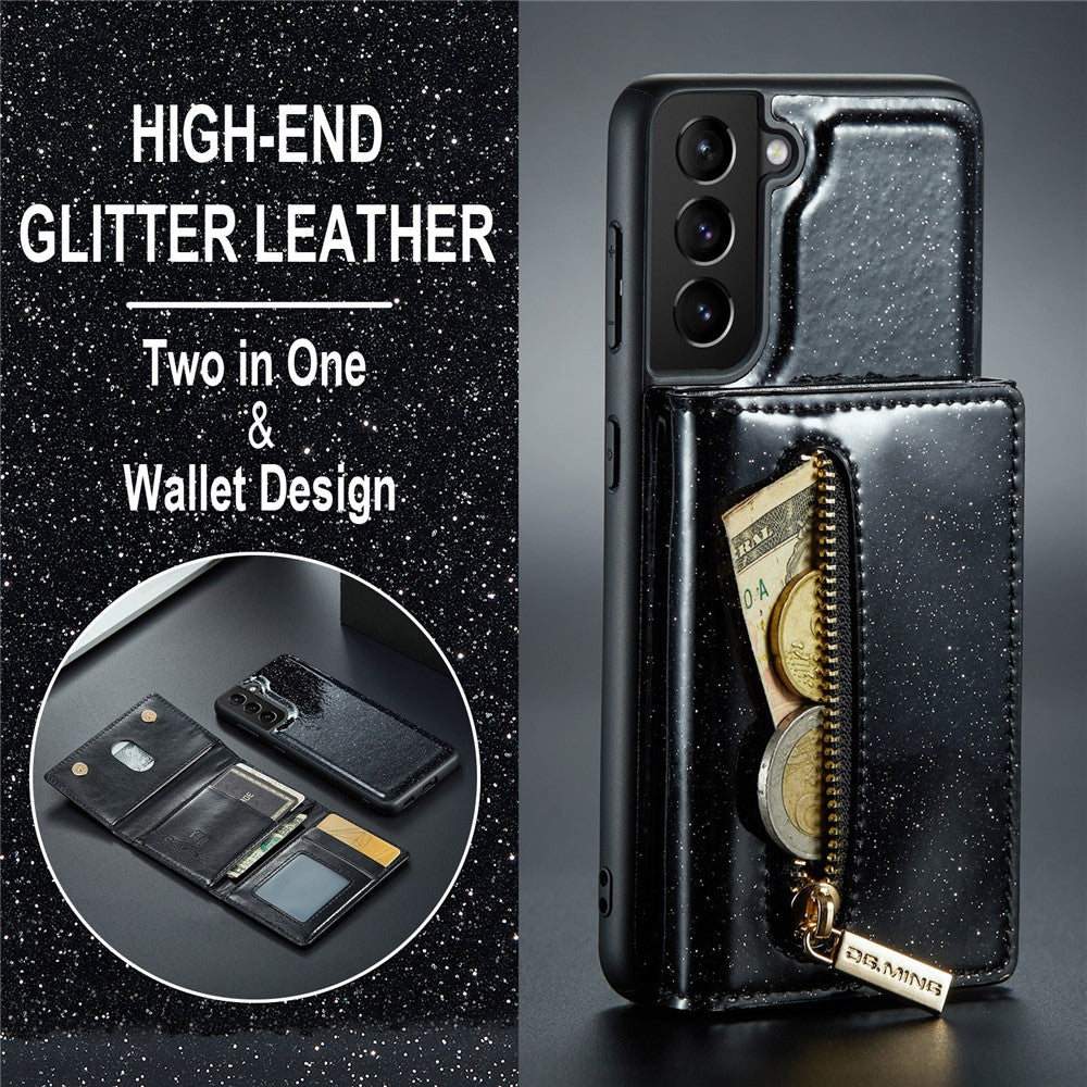 DG.MING M3 Series For Samsung Galaxy S22+ 5G Glitter Bling Powder PU Leather Magnetic Detachable Cover PC+TPU Kickstand Zipper Pocket Wallet Phone Case
