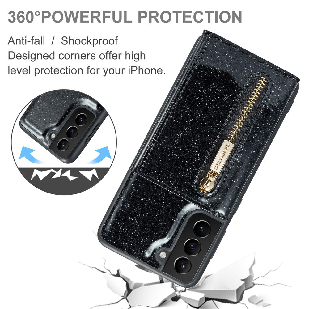 DG.MING M3 Series For Samsung Galaxy S22+ 5G Glitter Bling Powder PU Leather Magnetic Detachable Cover PC+TPU Kickstand Zipper Pocket Wallet Phone Case