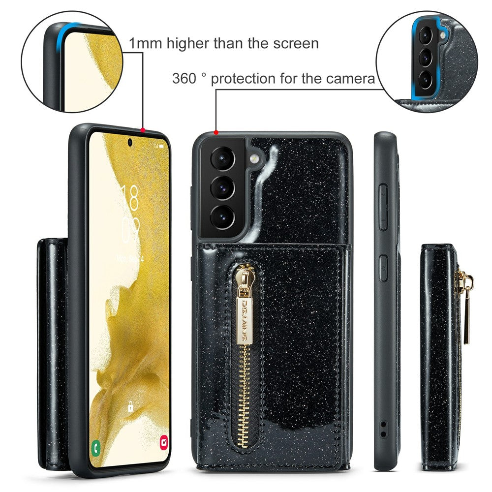 DG.MING M3-serien för Samsung Galaxy S22+ 5G glitterbling puderfärgad PU-läder magnetiskt avtagbart skal PC+TPU stativ dragkedja plånboksfodral