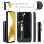 DG.MING M3 Series For Samsung Galaxy S22+ 5G Glitter Bling Powder PU Leather Magnetic Detachable Cover PC+TPU Kickstand Zipper Pocket Wallet Phone Case