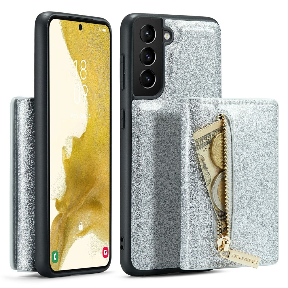 DG.MING M3-serien för Samsung Galaxy S22+ 5G glitterbling puderfärgad PU-läder magnetiskt avtagbart skal PC+TPU stativ dragkedja plånboksfodral