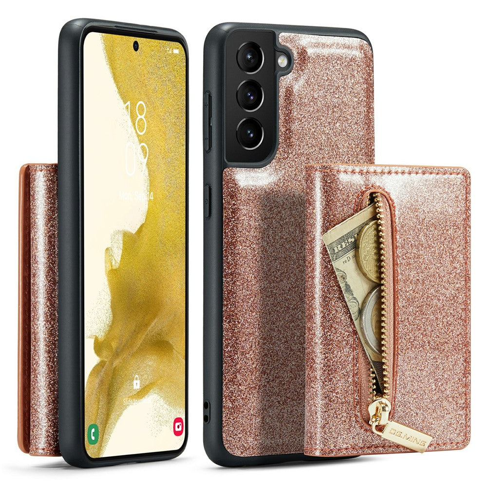 DG.MING M3-serien för Samsung Galaxy S22+ 5G glitterbling puderfärgad PU-läder magnetiskt avtagbart skal PC+TPU stativ dragkedja plånboksfodral