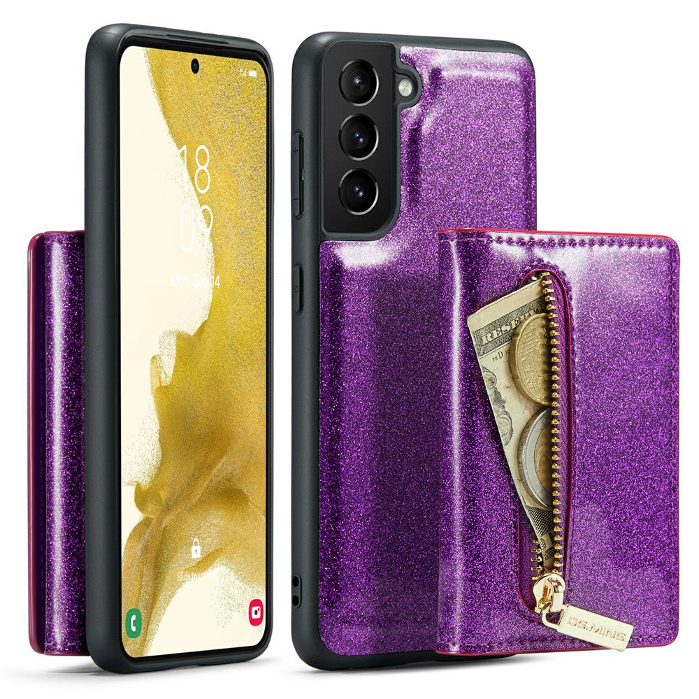 DG.MING M3 Series For Samsung Galaxy S22+ 5G Glitter Bling Powder PU Leather Magnetic Detachable Cover PC+TPU Kickstand Zipper Pocket Wallet Phone Case
